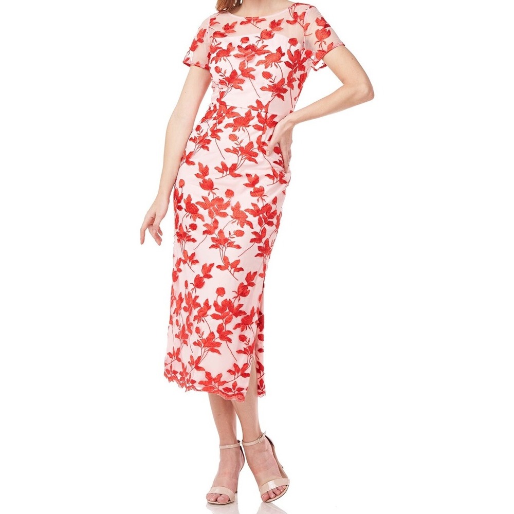 NWT JS Collections Denise Column Tea Length Dress Pink Red‎ Embroidered Sz 2